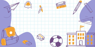 蓝色卡通扁平插画学校足球纸飞机开学季展板背景